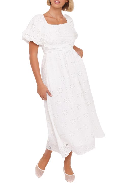 Clo Floral Eyelet Puff Sleeve Cotton Midi Dress