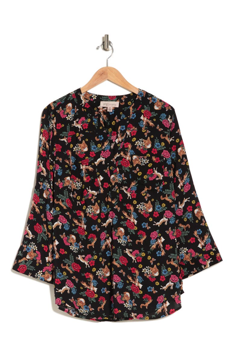 Printed Roll Tab Sleeve Blouse, Alternate, color, MIDNIGHT FOREST