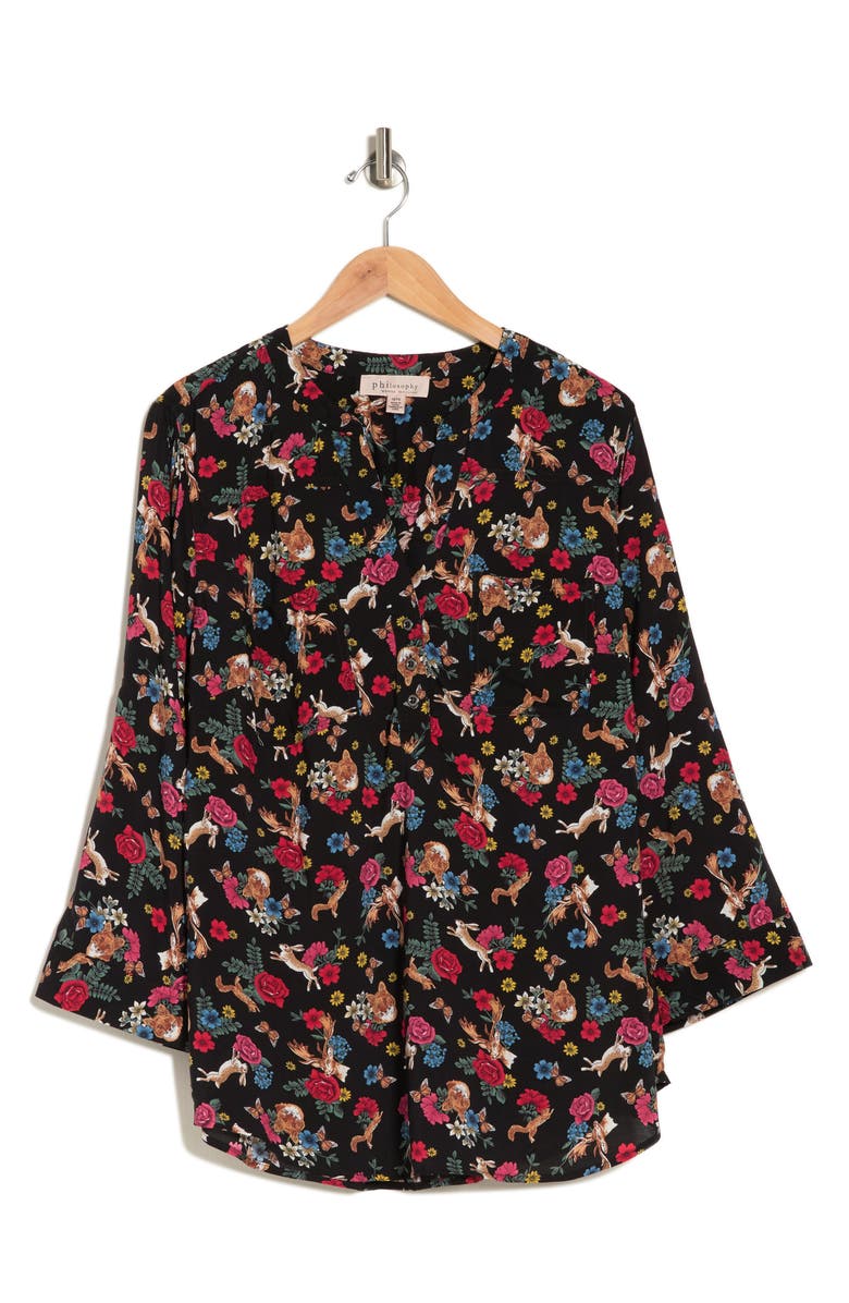 PHILOSOPHY BY RPUBLIC CLOTHING Printed Roll Tab Sleeve Blouse, Alternate, color, Midnight Forest