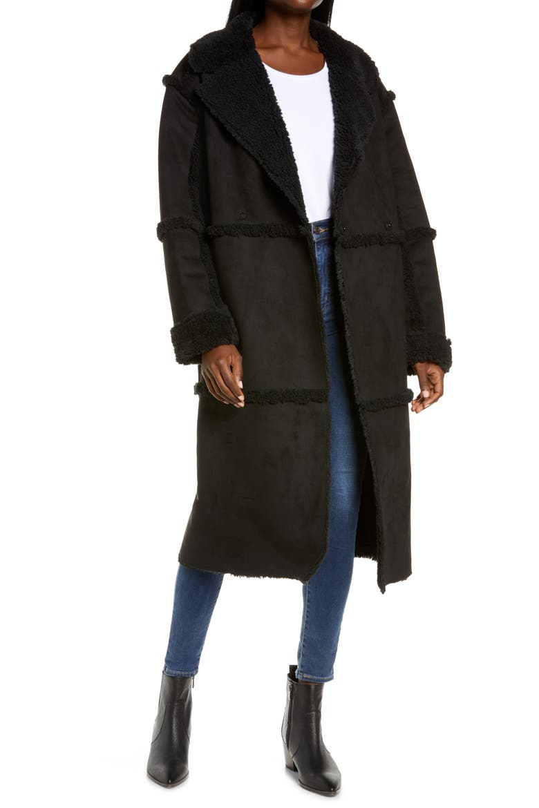 Takara Long Faux Shearling Coat, Main, color, BLACK