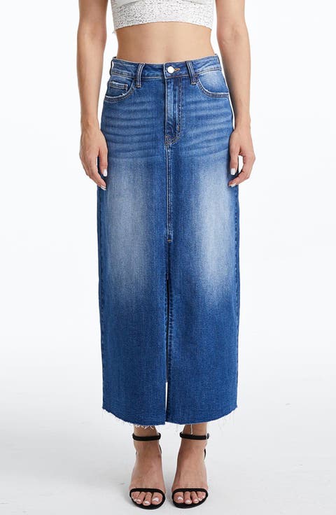 Raw Hem Denim Midi Skirt