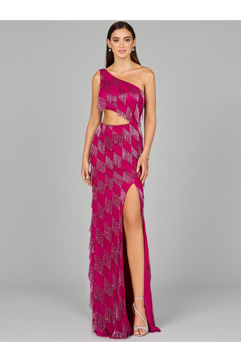 One Shoulder Fringe Gown, Main, color, Raspberry