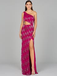 LARA New York One Shoulder Fringe Gown