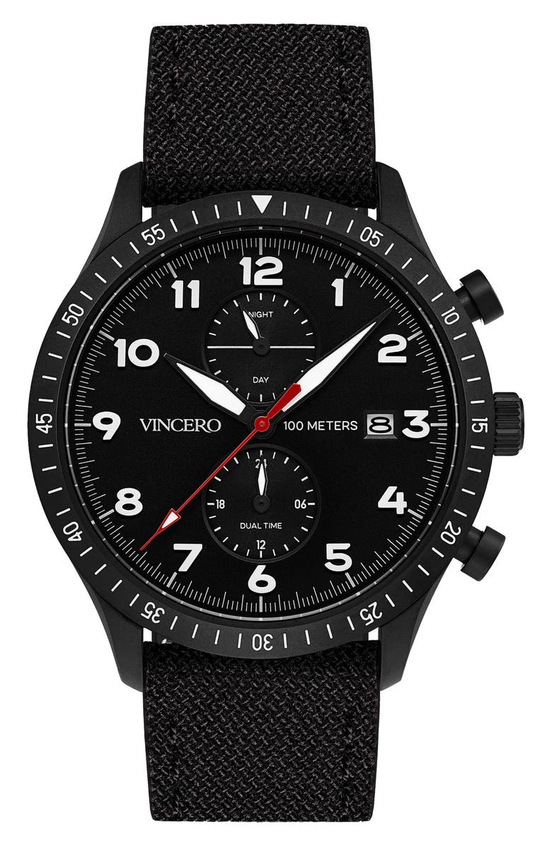 Vincero Altitude Chronograph Fabric Strap Watch, 43mm, Main, color, Matte Black/ Red