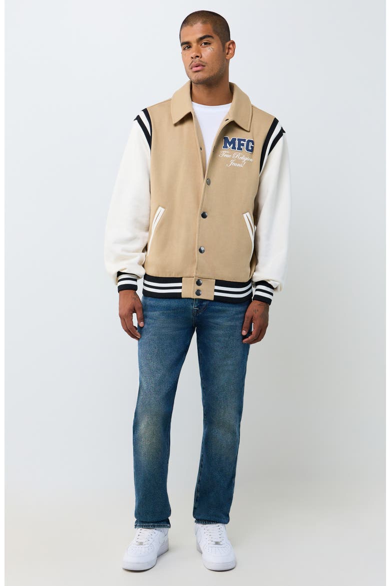 MFG Fleece Varsity Jacket, Alternate, color, TRAVERTINE/ WINTER WHITE