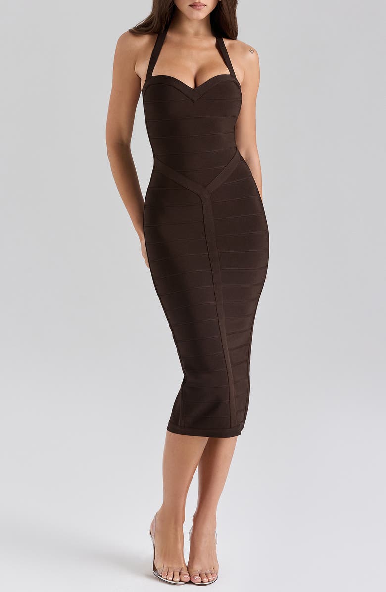 HOUSE OF CB The Supermodel Halter Neck Bandage Midi Dress, Main, color, Chocolate