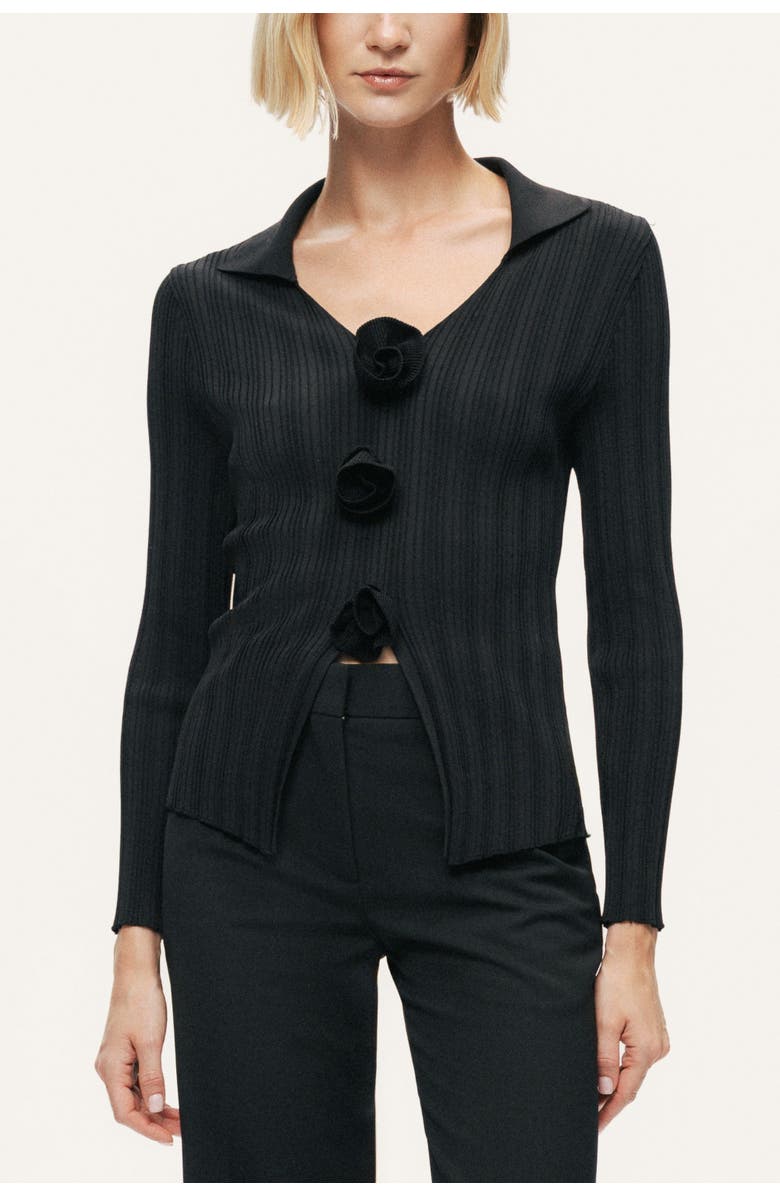 Nocturne Floral Embellished Ribbed V-Neck Sweater, Main, color, Black