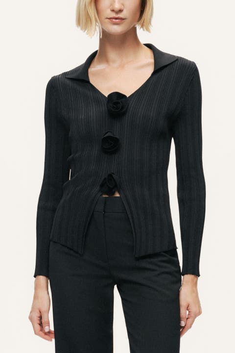 Floral Embellished Ribbed V-Neck Sweater