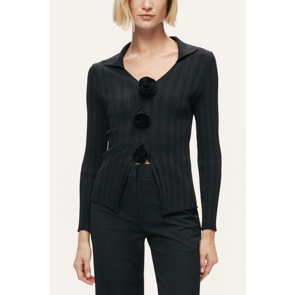 Nocturne Floral Embellished Ribbed V-neck Sweater In Black