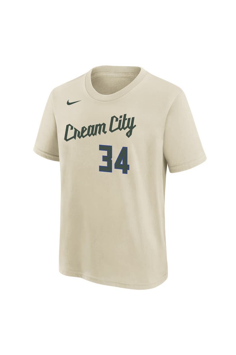 Youth Nike Giannis Antetokounmpo Cream Milwaukee Bucks 2025/26 City Edition Name & Number T-Shirt, Alternate, color, Cream