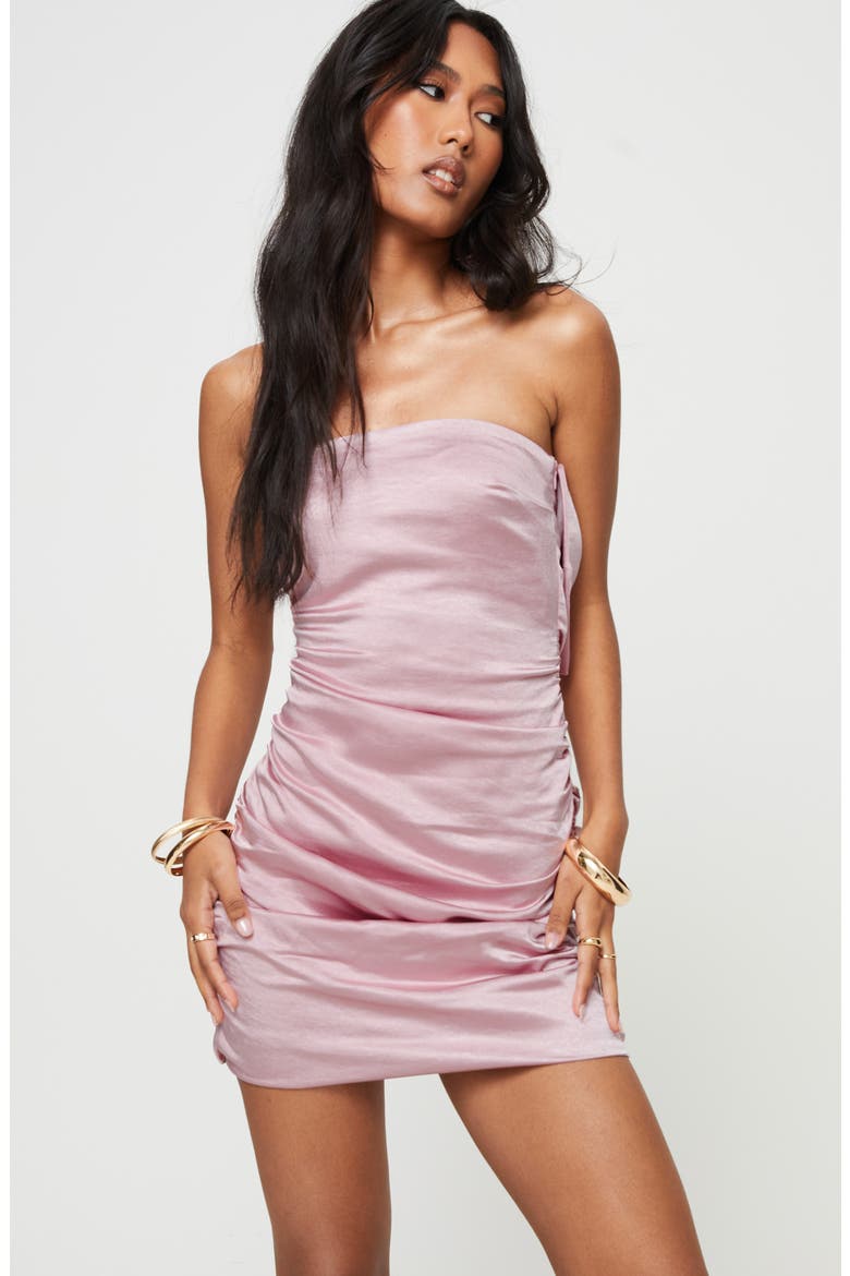 Shaila Bow Ruched Strapless Satin Minidress, Alternate, color, PINK