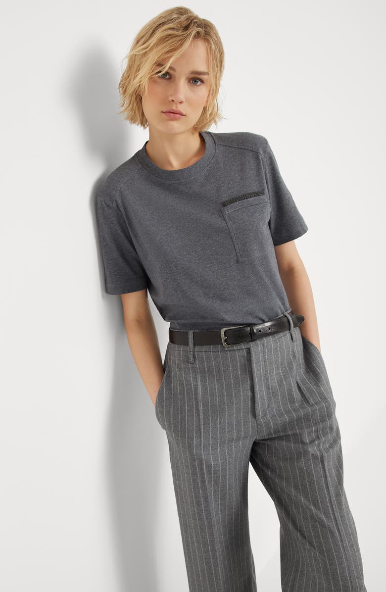 Brunello Cucinelli Cotton jersey T-shirt with shiny ribbed detail, Alternate, color, 