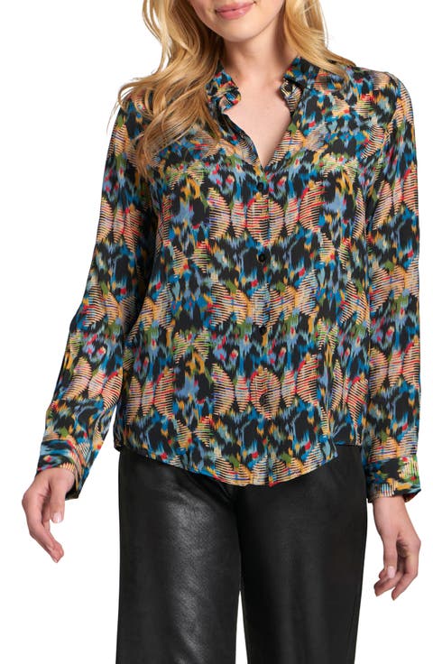Abstract Print Roll Tab Sleeve Chiffon Button-Up Shirt