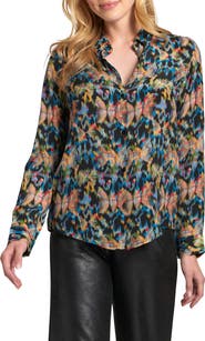 APNY Abstract Print Roll Tab Sleeve Chiffon Button-Up Shirt