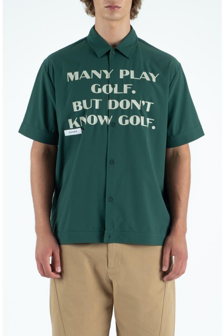 Educate Graphic Short Sleeve Button-Up Shirt, Main, color, GREEN