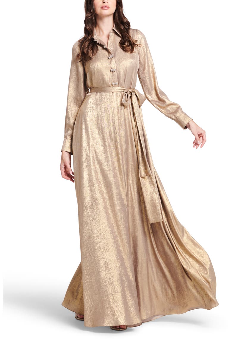 Foil Long Sleeve Chiffon Gown, Alternate, color, GOLD