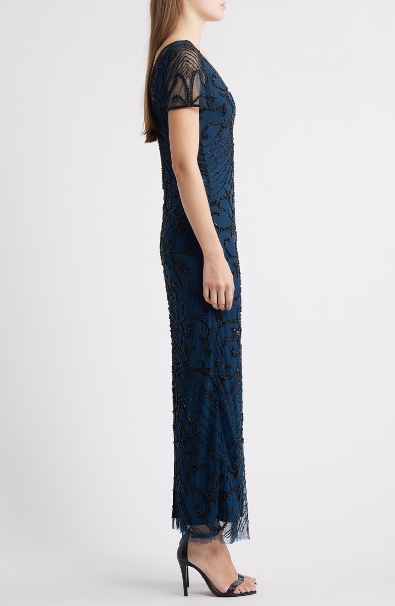 Pisarro Nights Beaded Mesh Column Gown, Alternate, color, Peacock 405