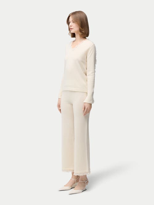 Gobi Mongolian Cashmere Organic Colour Fringed V-neck Cashmere Sweater In White