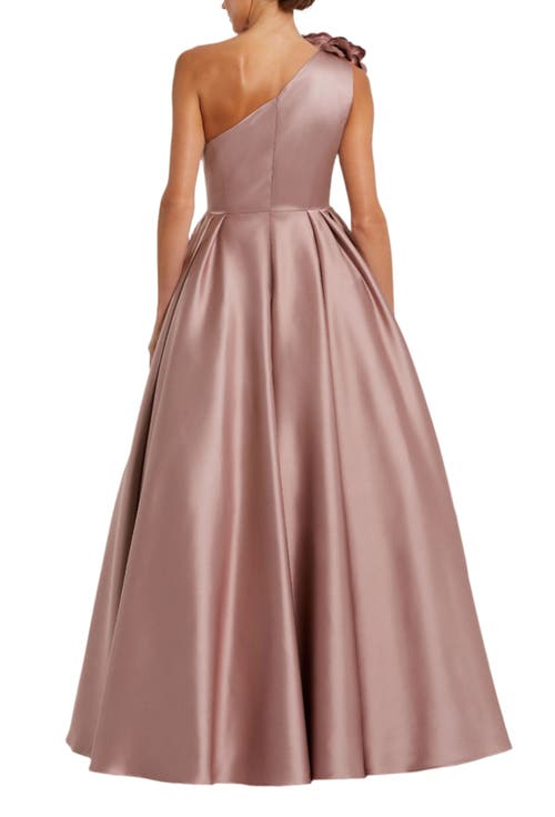 Mac Duggal Pink One Shoulder Satin Ballgown With 3d Flower In Pink