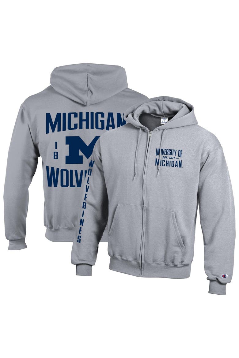 Men's Champion  Heather Gray Michigan Wolverines Varsity Powerblend Full-Zip Fleece Hoodie, Main, color, Heather Gray
