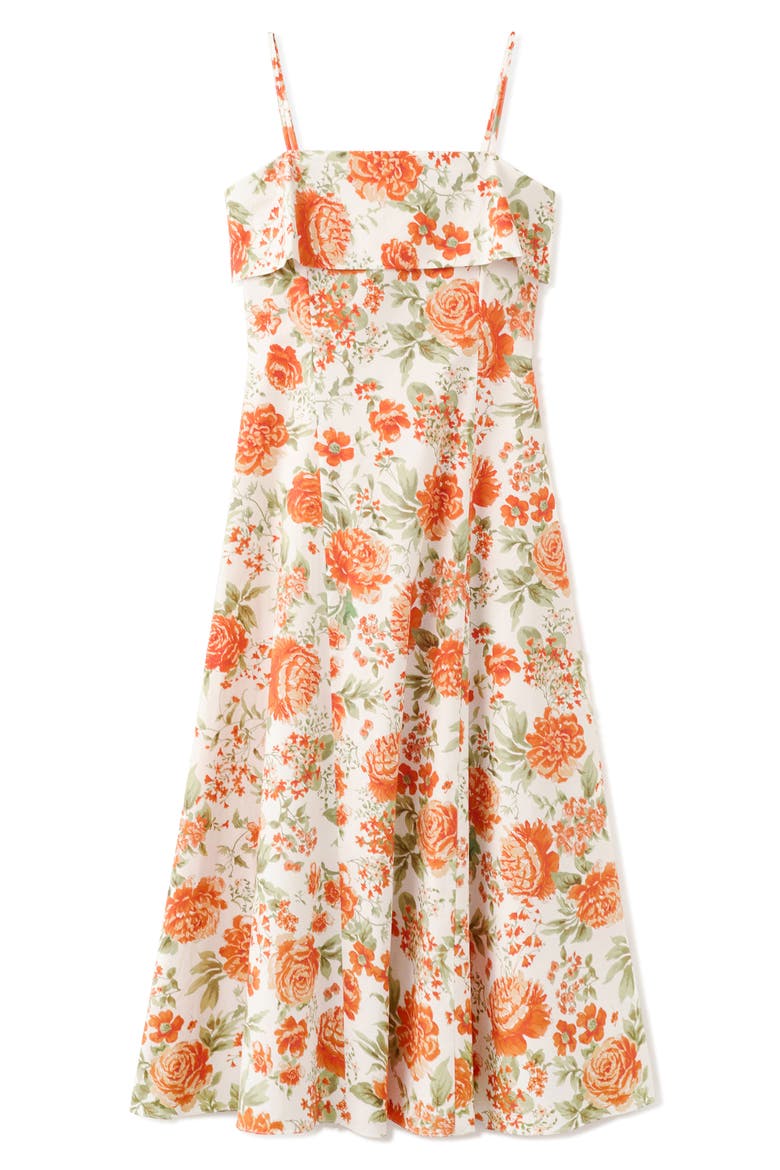 Floral Print Flared Midi Dress, Main, color, ORANGE
