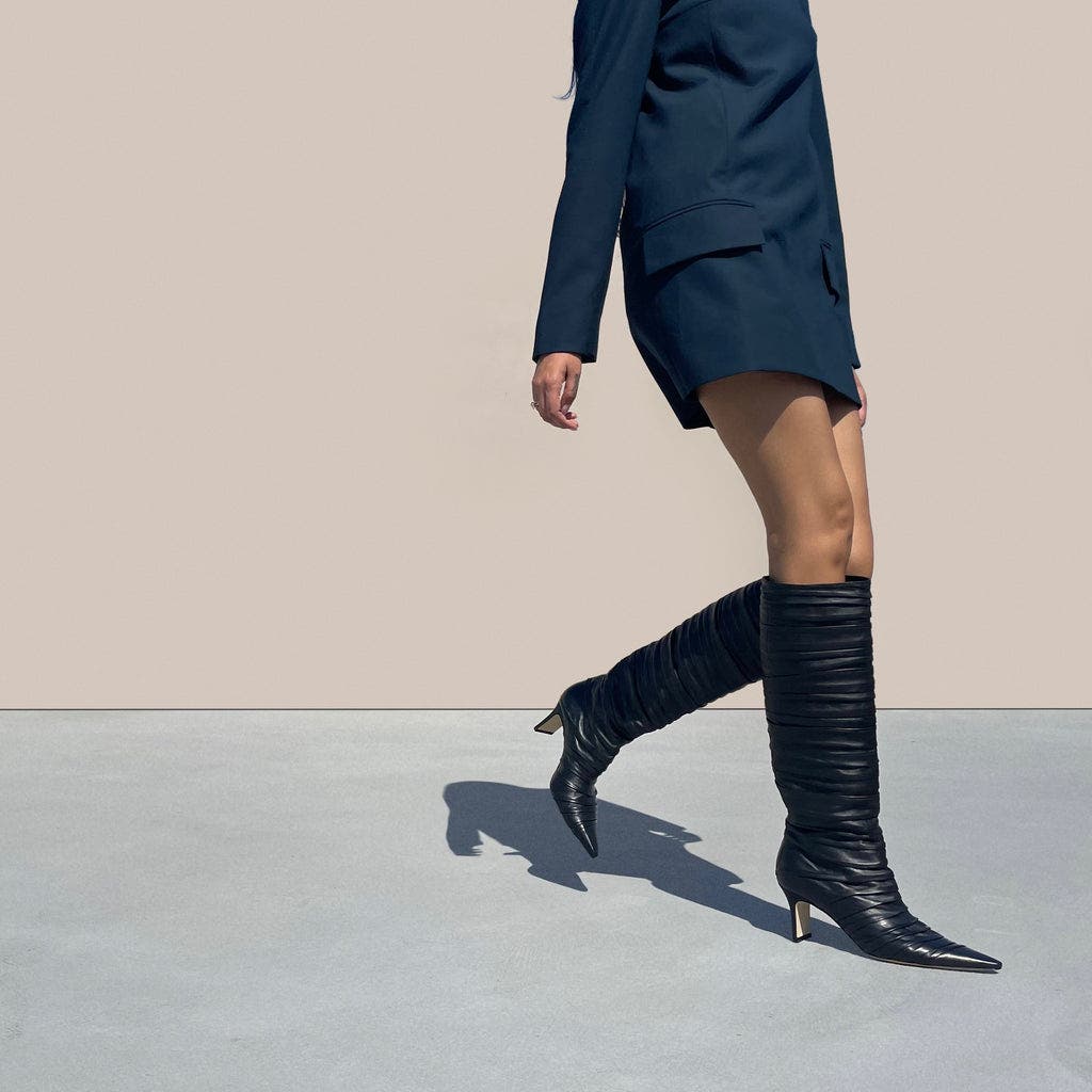 Plisse Knee Boot, Alternate, color, Black Nappa