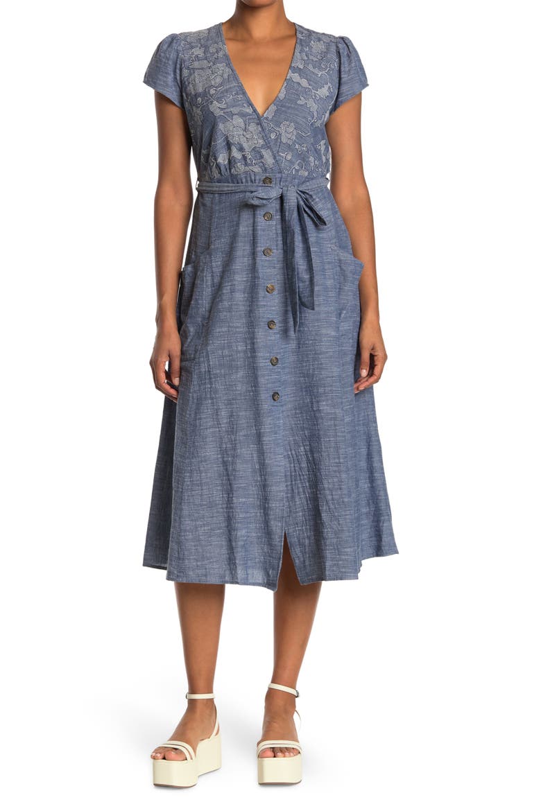 Embroidered Bodice Belted Button Front Midi Dress, Main, color, INDIGO