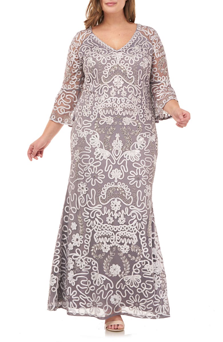 JS Collections Bell Sleeve Bead & Soutache Gown, Main, color,