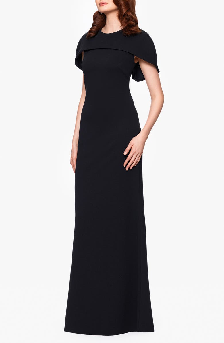 Betsy & Adam Cape Short Sleeve Scuba Crepe Gown, Alternate, color, Black