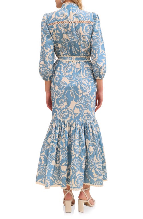 Avec Les Filles Floral Print Long Sleeve Cotton Poplin Dress In Blue Vintage Floral