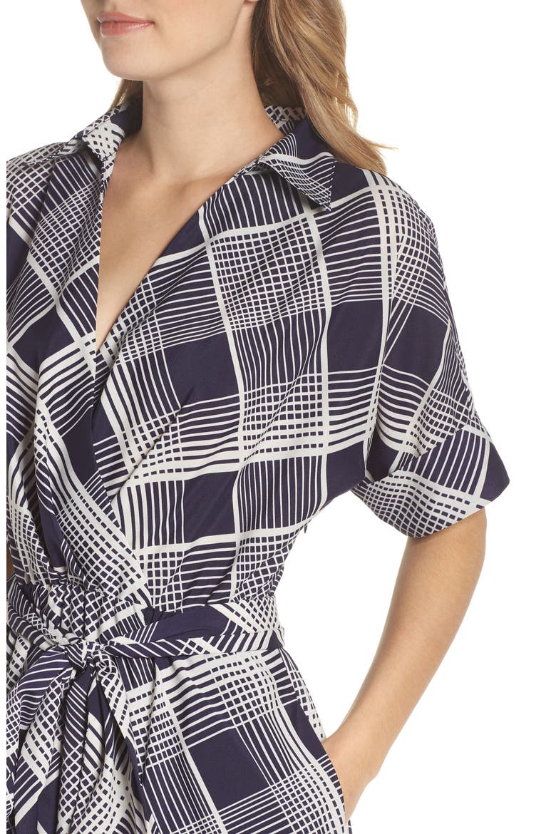Plaid Surplice Midi Dress, Alternate, color, NAVY/ IVORY