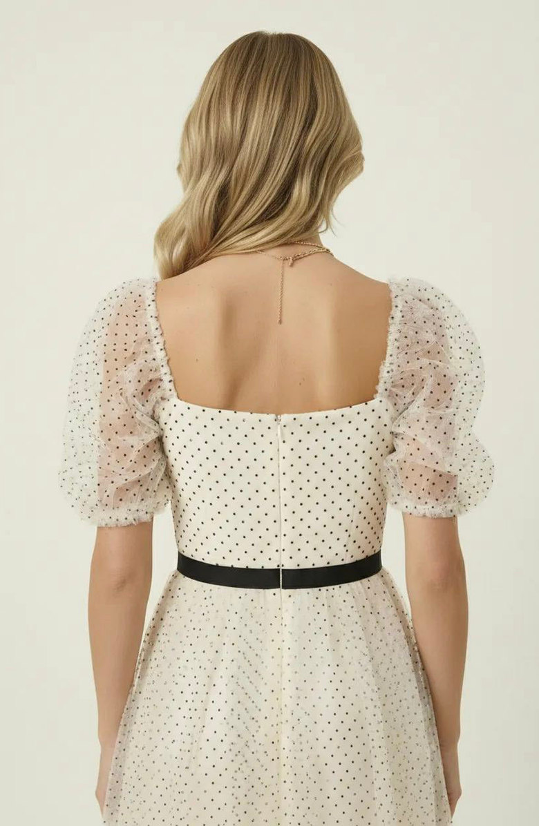 Modenaire Embroidered Puff Sleeve Square-Neck Midi Dress, Alternate, color,