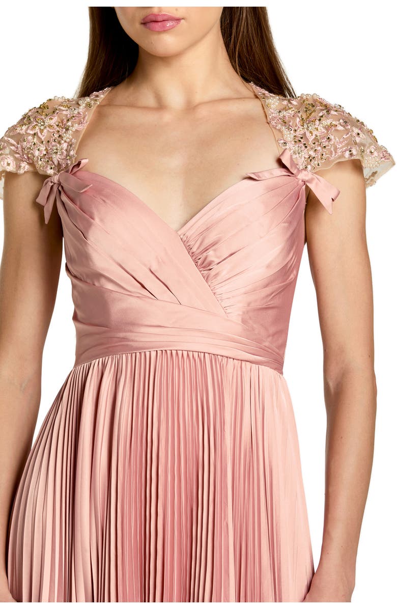 Mac Duggal Pleated Charmeuse Embellished Cap Sleeve Gown, Alternate, color, Rose