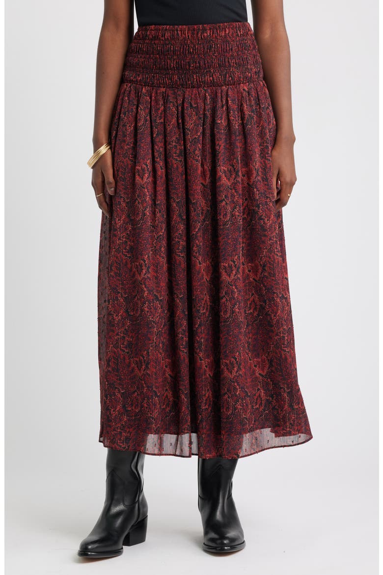 Smocked Wiast Maxi Skirt, Main, color, BLACK- RED GEMMA MEDALLION