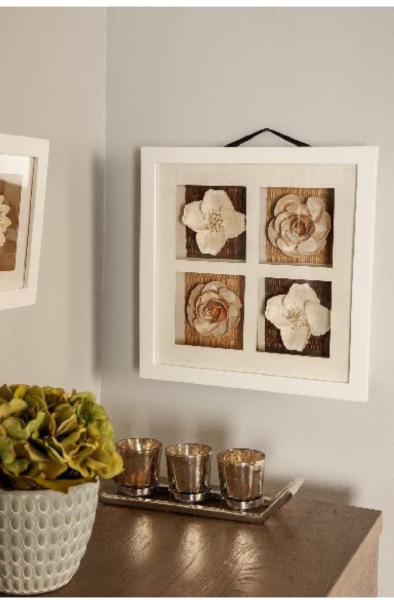UMA Natural Wooden Framed White Primrose & Brown Rose Flowers Wall Decor, Alternate, color,