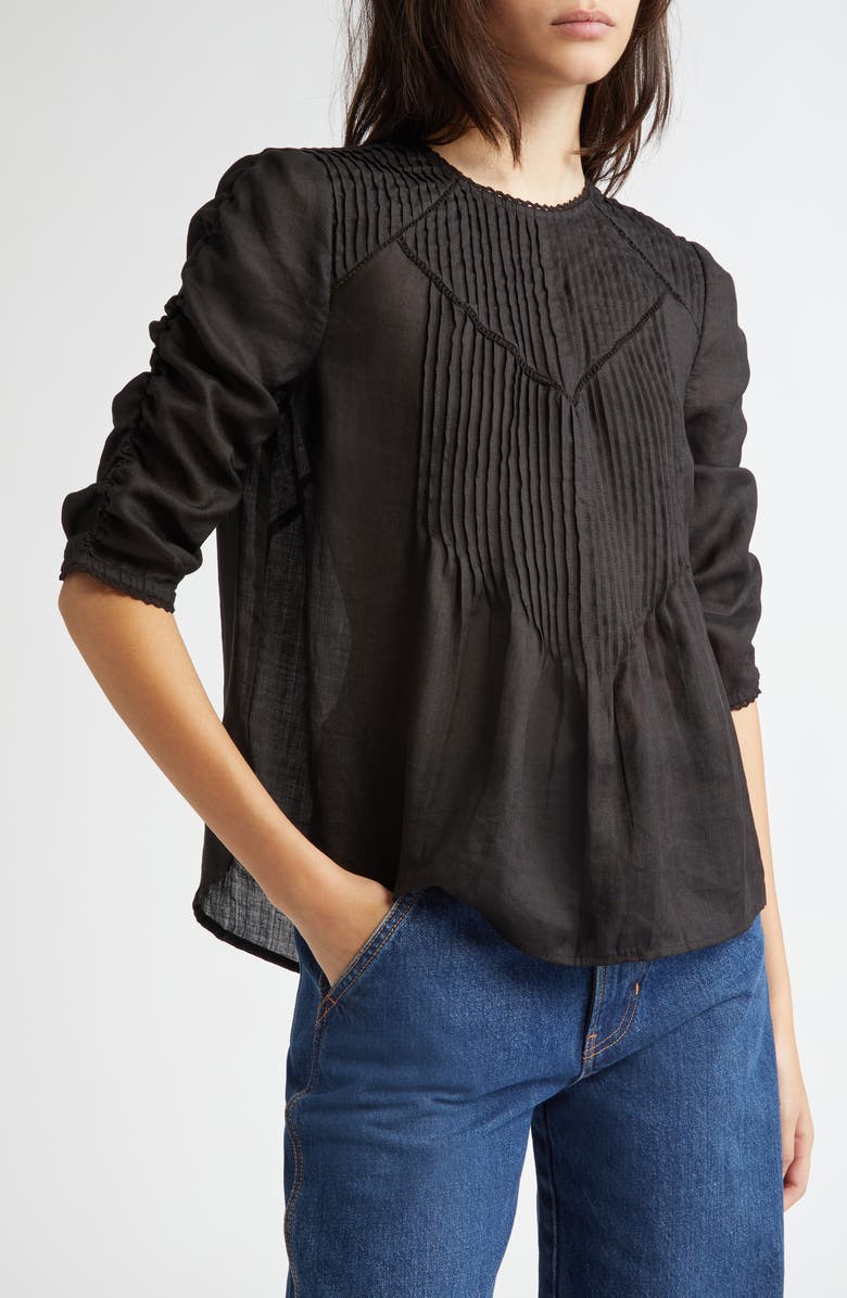 Veronica Beard Bryce Pintuck Ruched Sleeve Top, Alternate, color, Black