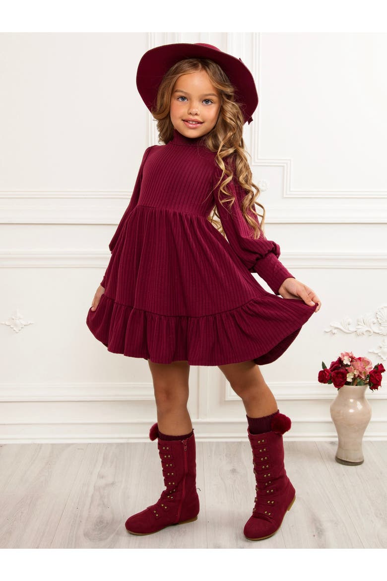 Snuggle & Twirl Ribbed Turtleneck Ruffle Dress, Alternate, color, Burgundy