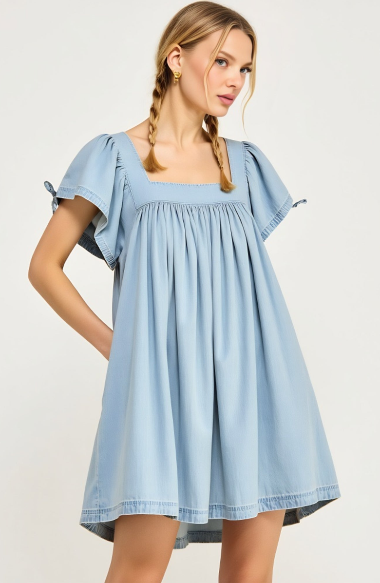 Modenaire Square Neck Flutter Sleeve Gathered Skirt Babydoll Dress, Alternate, color, Light Blue