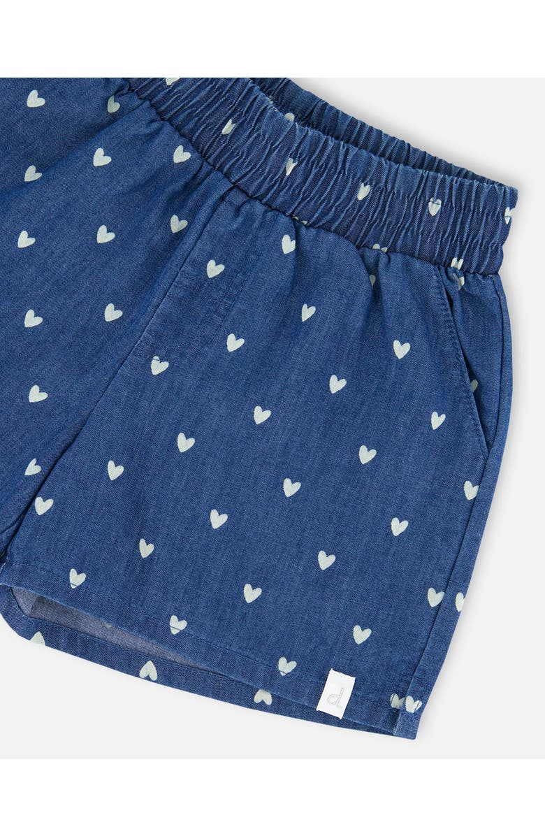Deux par Deux Girl's Printed Chambray Short Navy Blue And White Hearts, Alternate, color, 