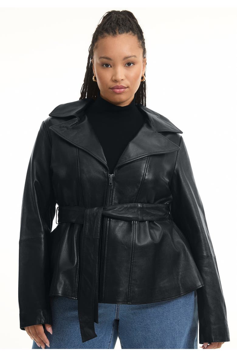 High Low Belted Leather Jacket, Alternate, color, BLACK