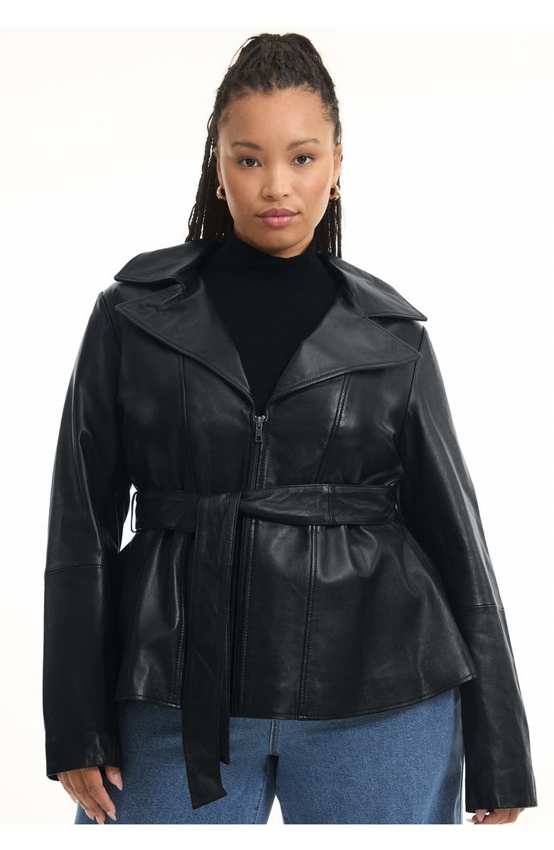 June + Vie High-Low Peplum Leather Jacket, Alternate, color, Black