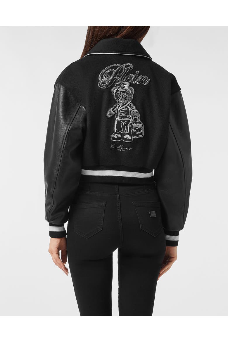 Wool And Leather College Bomber Teddy Women, Alternate, color, black