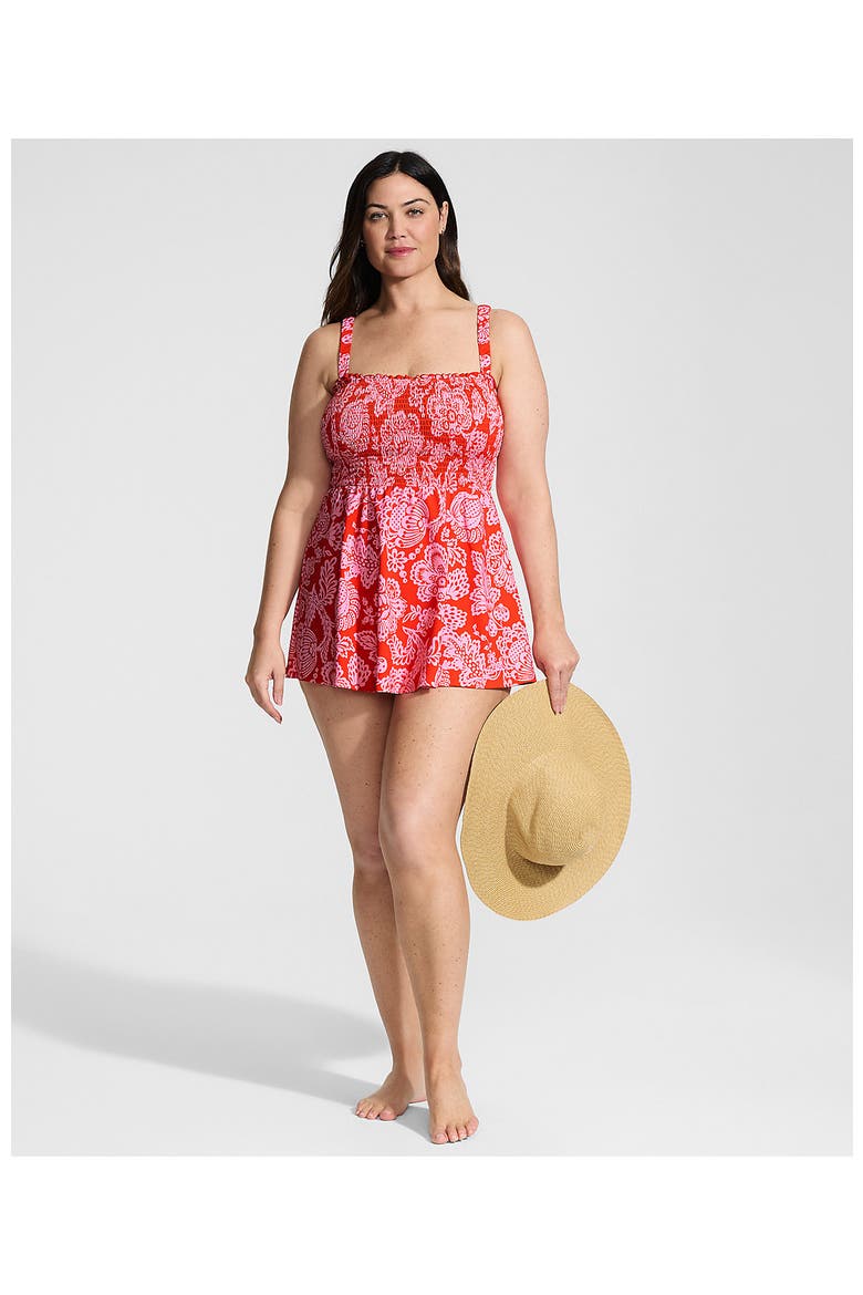 Womens Square Neck Smocked Mini Swim Dress, Alternate, color, Radiant Orange Floral Medley