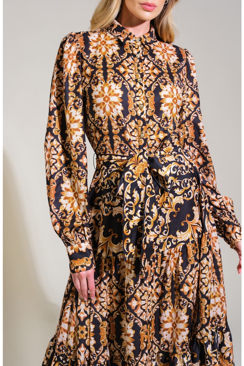 Print Long Sleeve Tiered Midi Shirtdress, Alternate, color, BLACK