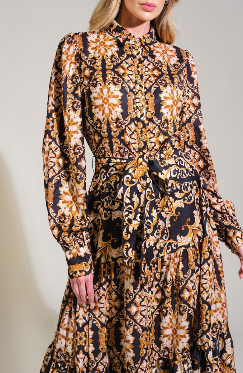 FLYING TOMATO Print Long Sleeve Tiered Midi Shirtdress, Alternate, color, Black