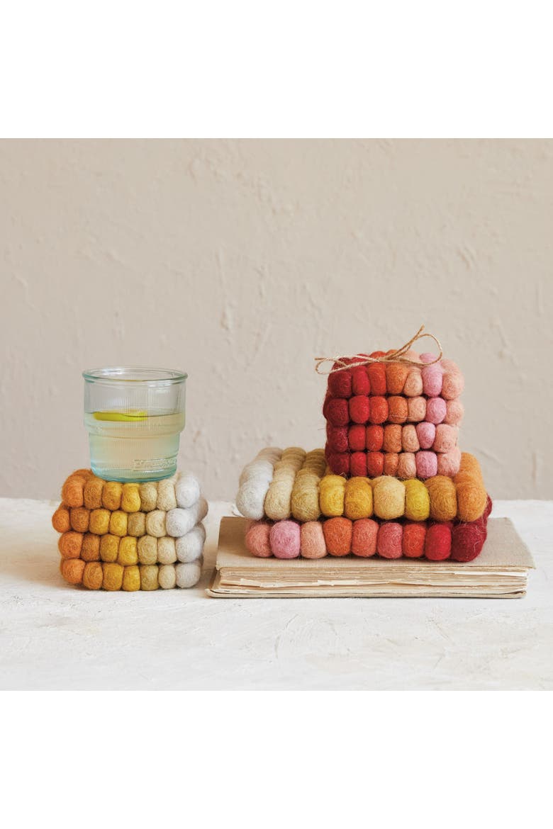 Handmade Wool Felt Ball Coasters, Yellow, Orange and Cream, Set of 4, Alternate, color, Yellow