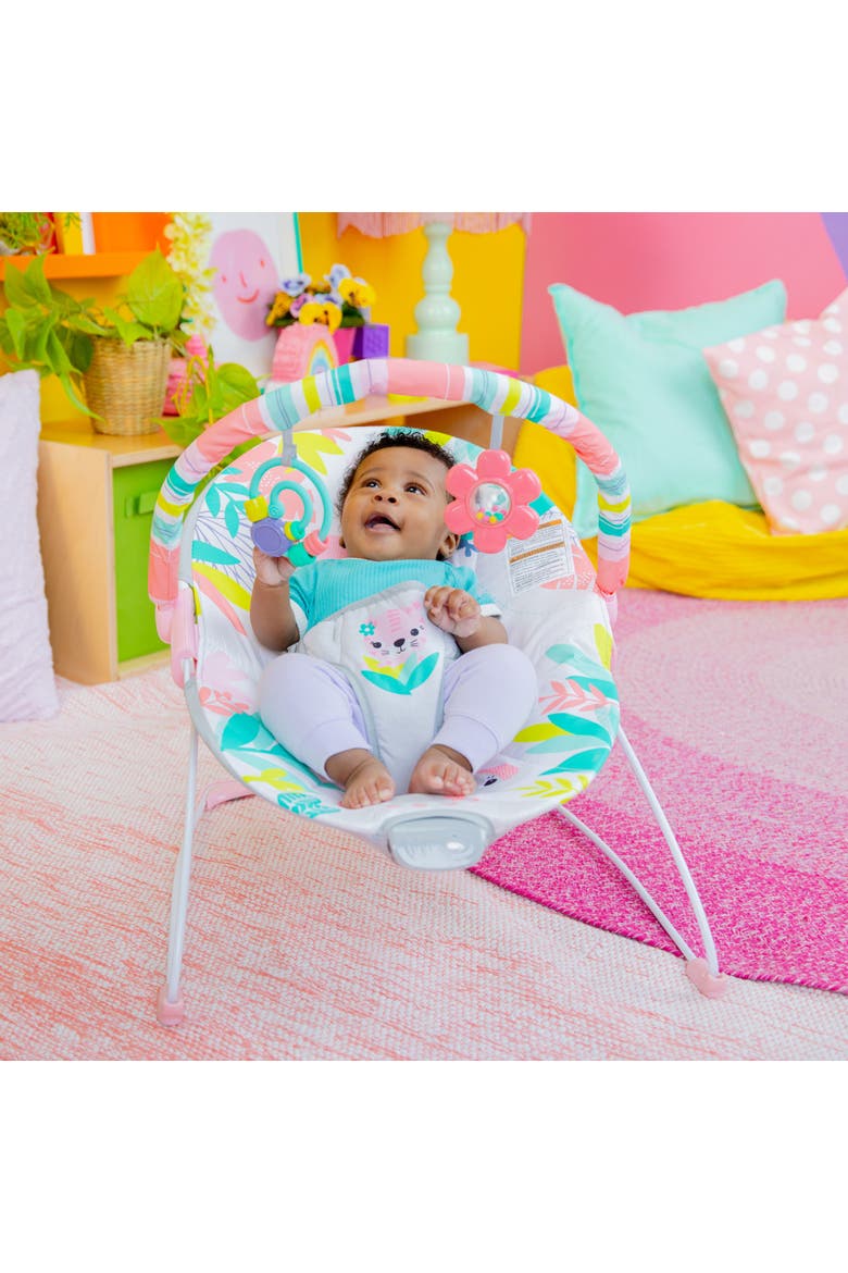 Rainforest Vibes Vibrating Bouncer with Toy Bar, Alternate, color, Blue