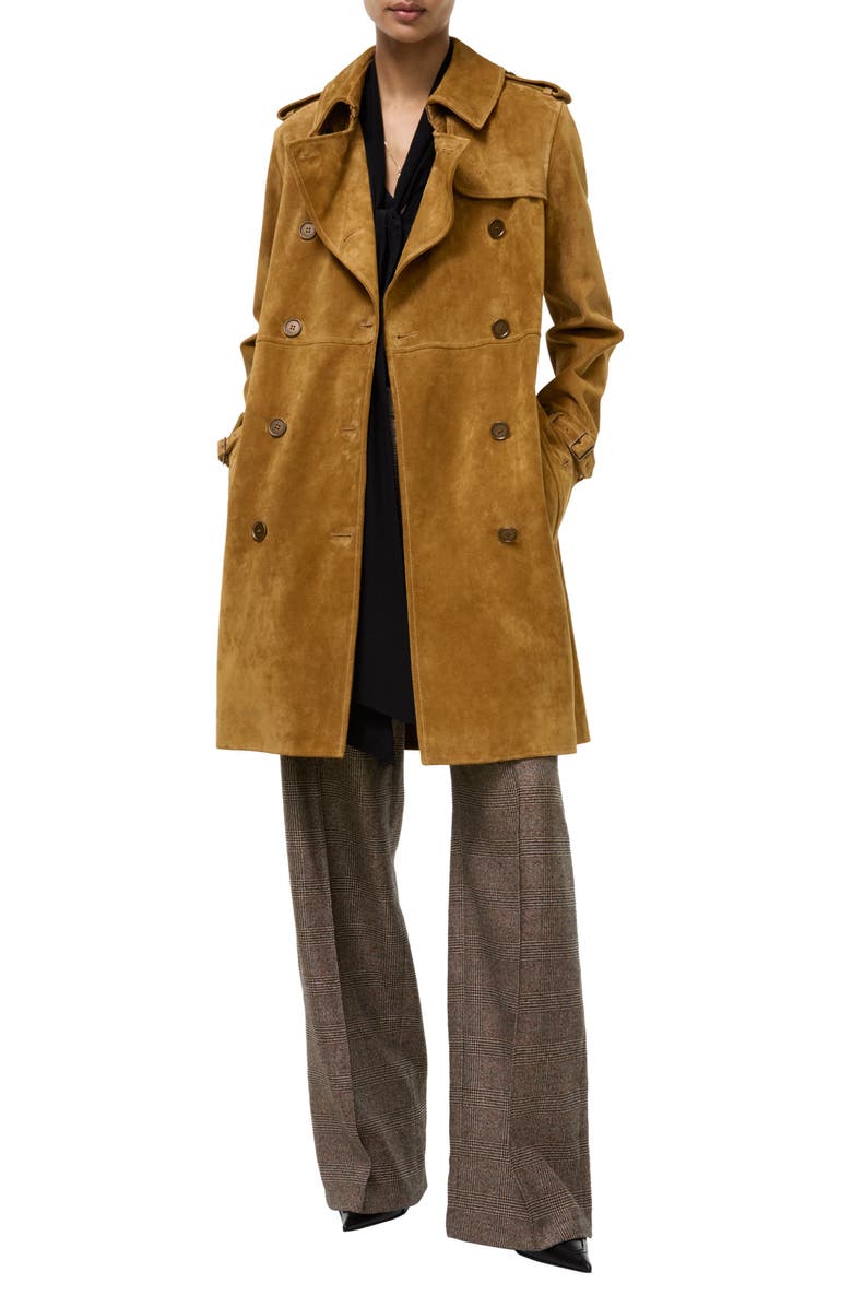 Burberry Kensington Suede Trench Coat, Main, color, Tan