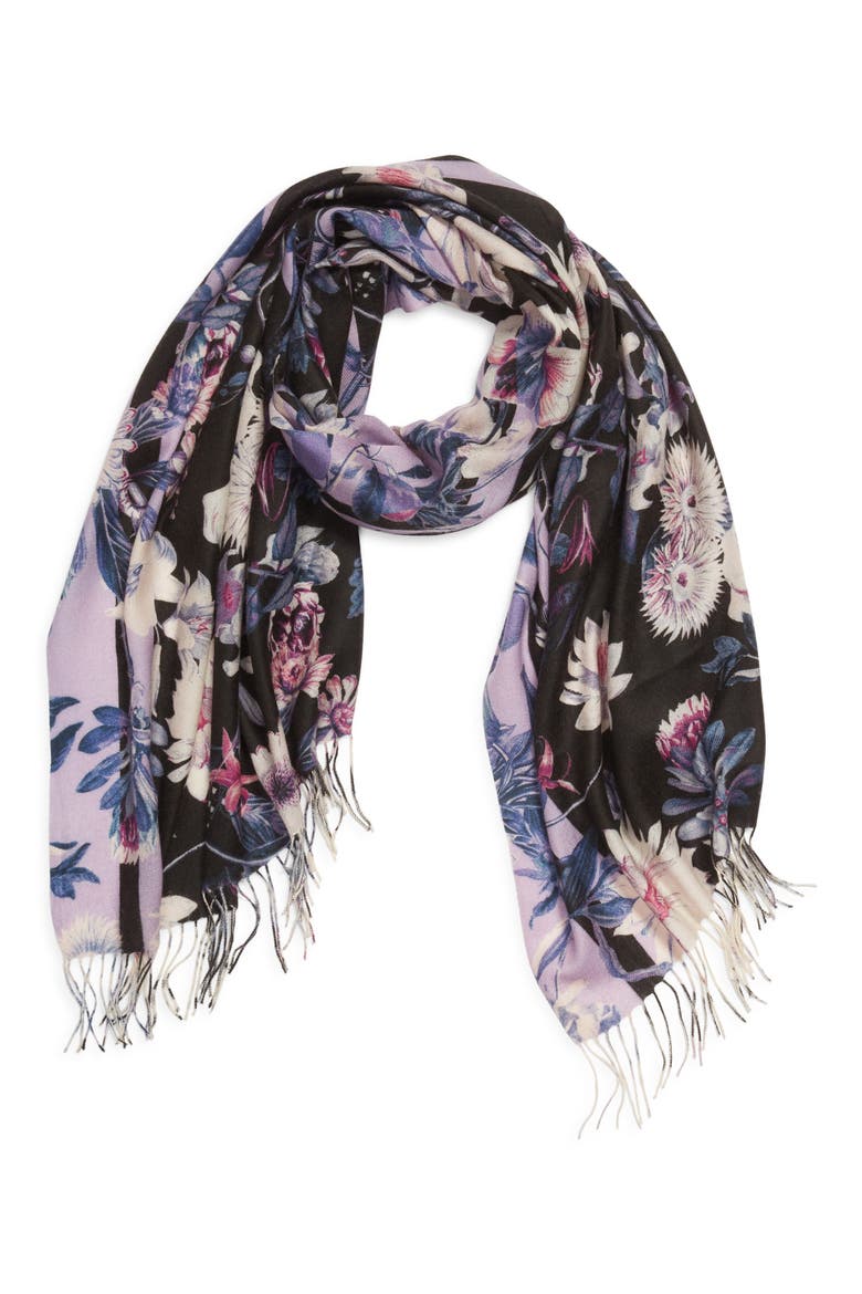 Tissue Print Wool & Cashmere Wrap Scarf, Alternate, color, BLACK AUTUMN BOTANICALS