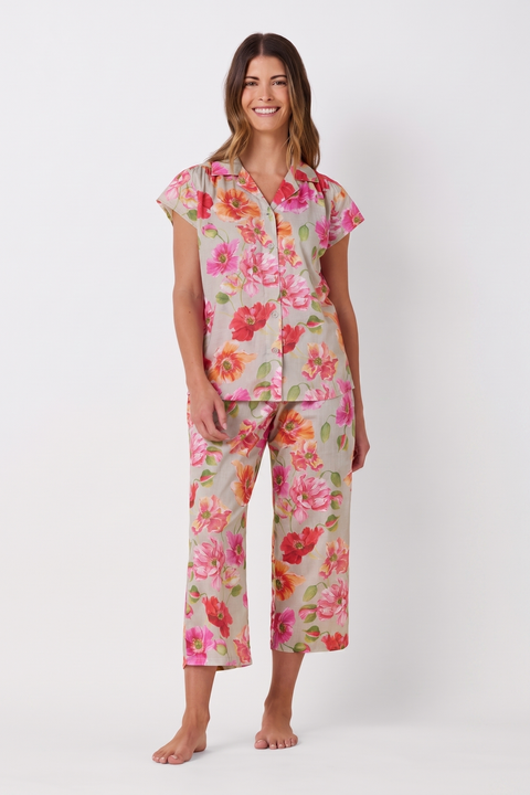 Floral Cotton Voile Short-Sleeved Capri Pajama Set
